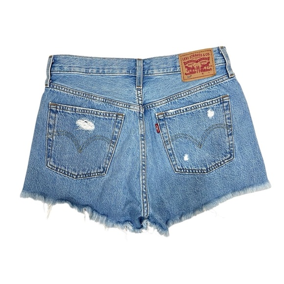 Levi’s 501 High Rise Button Fly Distressed Cutoff Rigid Denim Jean Shorts - Picture 2 of 9